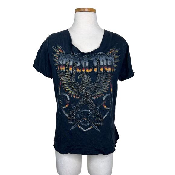 Affliction Distressed Graphic Relaxed Fit Faux Back Lace Up Tee T-Shirt Large - Picture 1 of 4